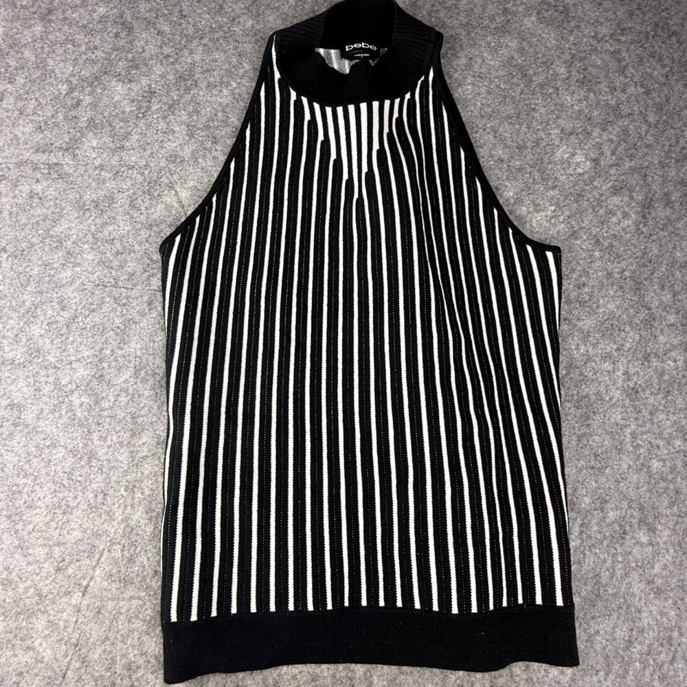 Bebe Womens Black White Striped Knit Halter Mock Neck Sleeveless Top Large